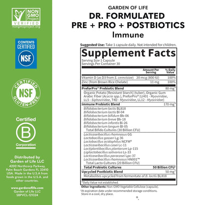 Garden of Life Dr. Formulated Pre, Post & Probiotics Immune Support with Prebiotics & Postbiotics – 50 Billion CFU, Gut & Digestive Health Support, Zinc & Vitamin D3, Vegan, 30 Day Supply - Maple Wellness Supplements