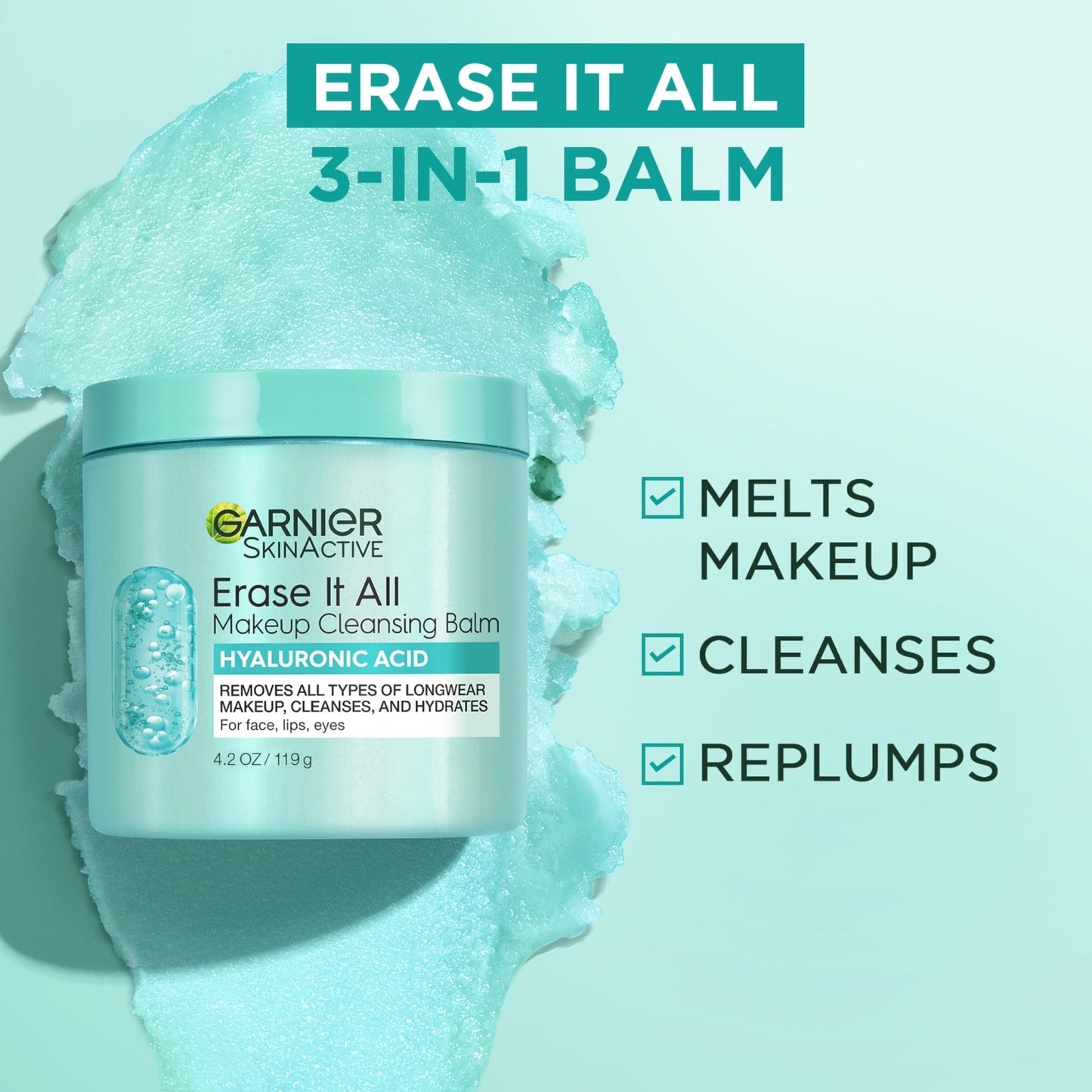 Garnier Erase It All Makeup Cleansing Balm with Hyaluronic Acid, Replumping Facial Cleanser and Makeup Remover, 4.2 Oz - Maple Wellness Supplements