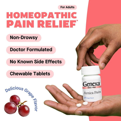 Genexa Arnica Tablets for Pain Relief Formula | Alleviate Muscle & Joint Pain, Soreness, & Stiffness | Delicious Organic Grape Flavor | Homeopathic Remedy Made Clean | 300 Chewable Tablets (3 Pack) - Maple Wellness Supplements