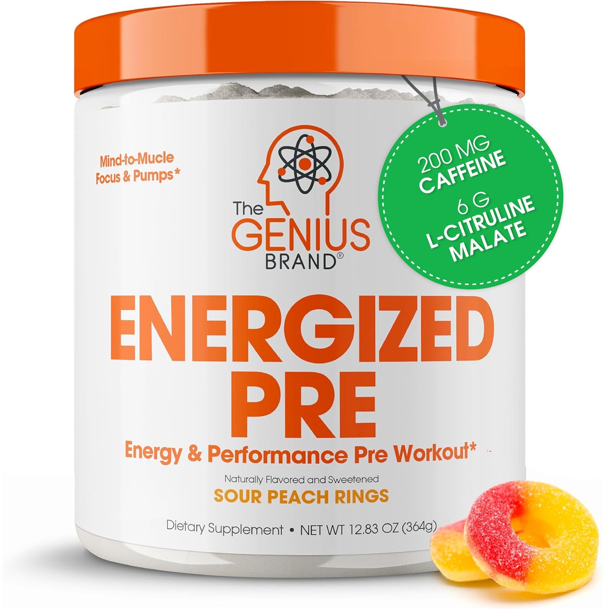 Genius Energized Pre Workout Powder – Caffeine Infused Pre-Workout Booster Supplement with Beta Alanine & Alpha GPC, No Artificial Sweeteners or Dyes - 200mg Caffeine, 20 Servings, Sour Peach Rings - Maple Wellness Supplements