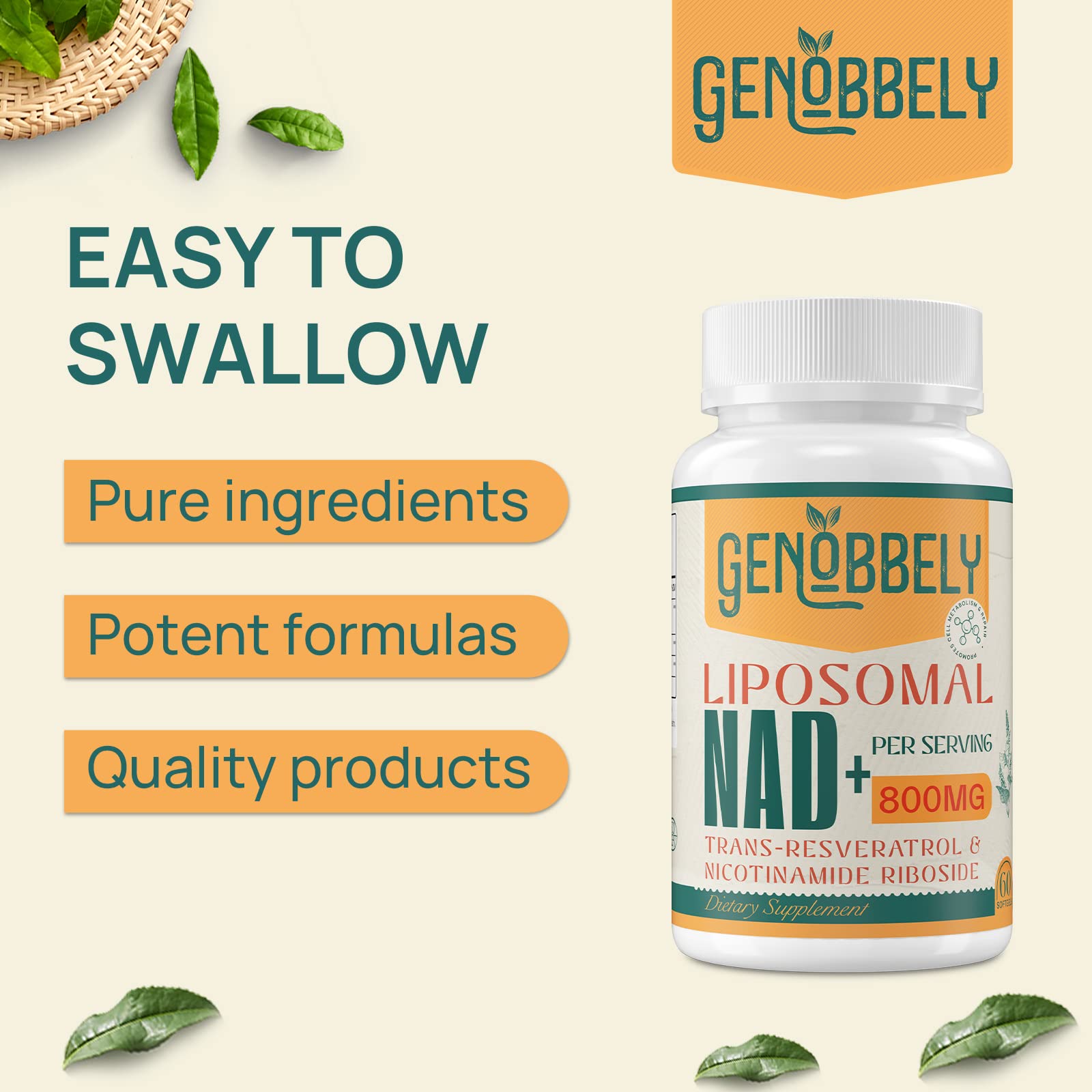 GENOBBELY 800 mg Liposomal NAD+ Supplement with Nicotinamide Riboside 200 mg, Trans-Resveratrol 100 mg - True NAD Supplement for DNA Repair, Healthy Aging, Brain Function - 60-Day Supply - Maple Wellness Supplements