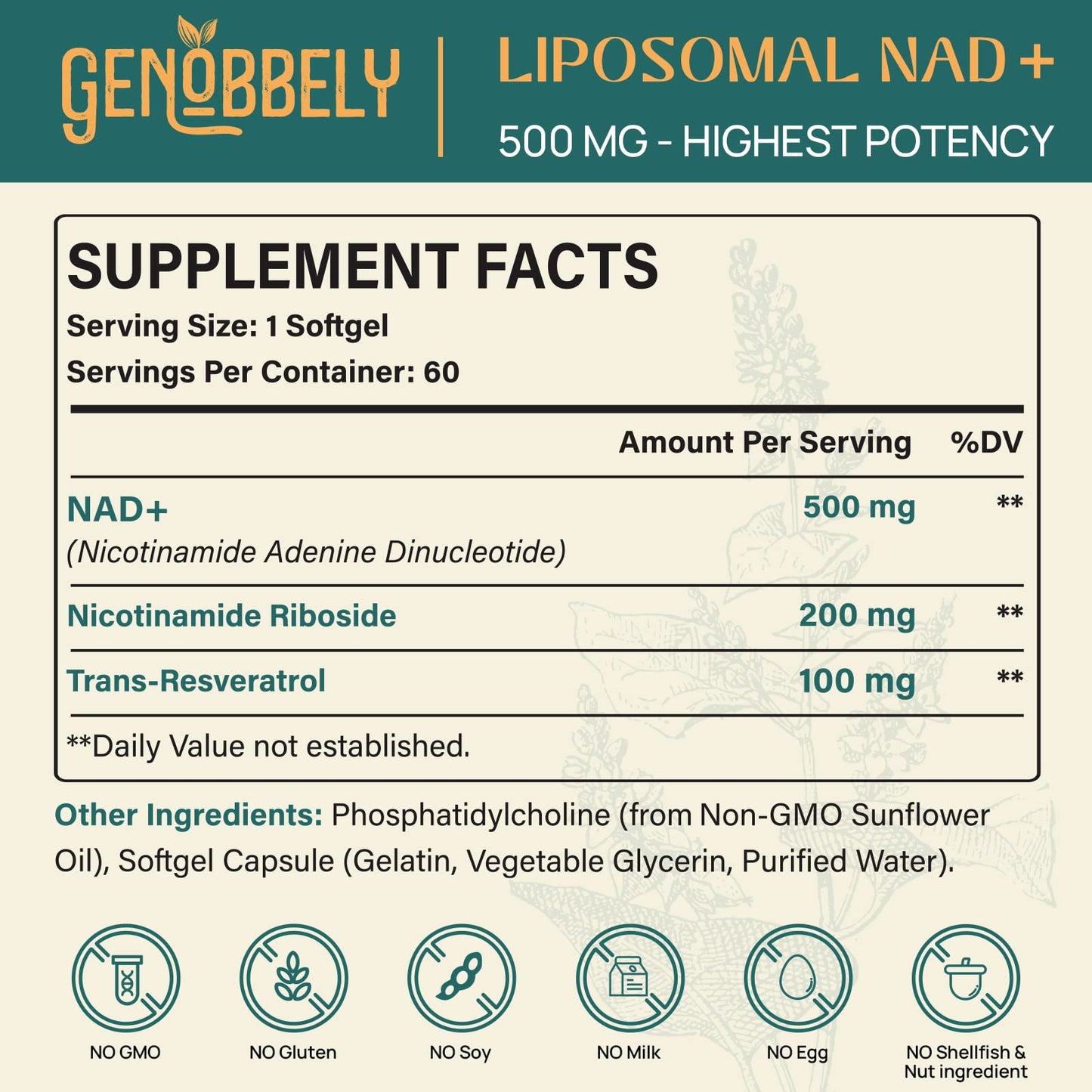 GENOBBELY 800 mg Liposomal NAD+ Supplement with Nicotinamide Riboside 200 mg, Trans-Resveratrol 100 mg - True NAD Supplement for DNA Repair, Healthy Aging, Brain Function - 60-Day Supply - Maple Wellness Supplements