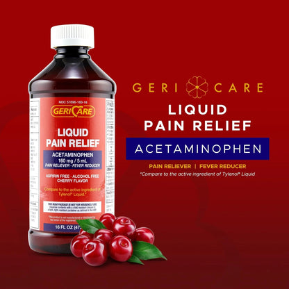 GeriCare Regular Strength Liquid Acetaminophen 160 mg, Pain Reliever, Fever Reducer, Aspirin & Alcohol Free, Cherry Flavored 16 Fl Oz (Pack of 2) - Maple Wellness Supplements