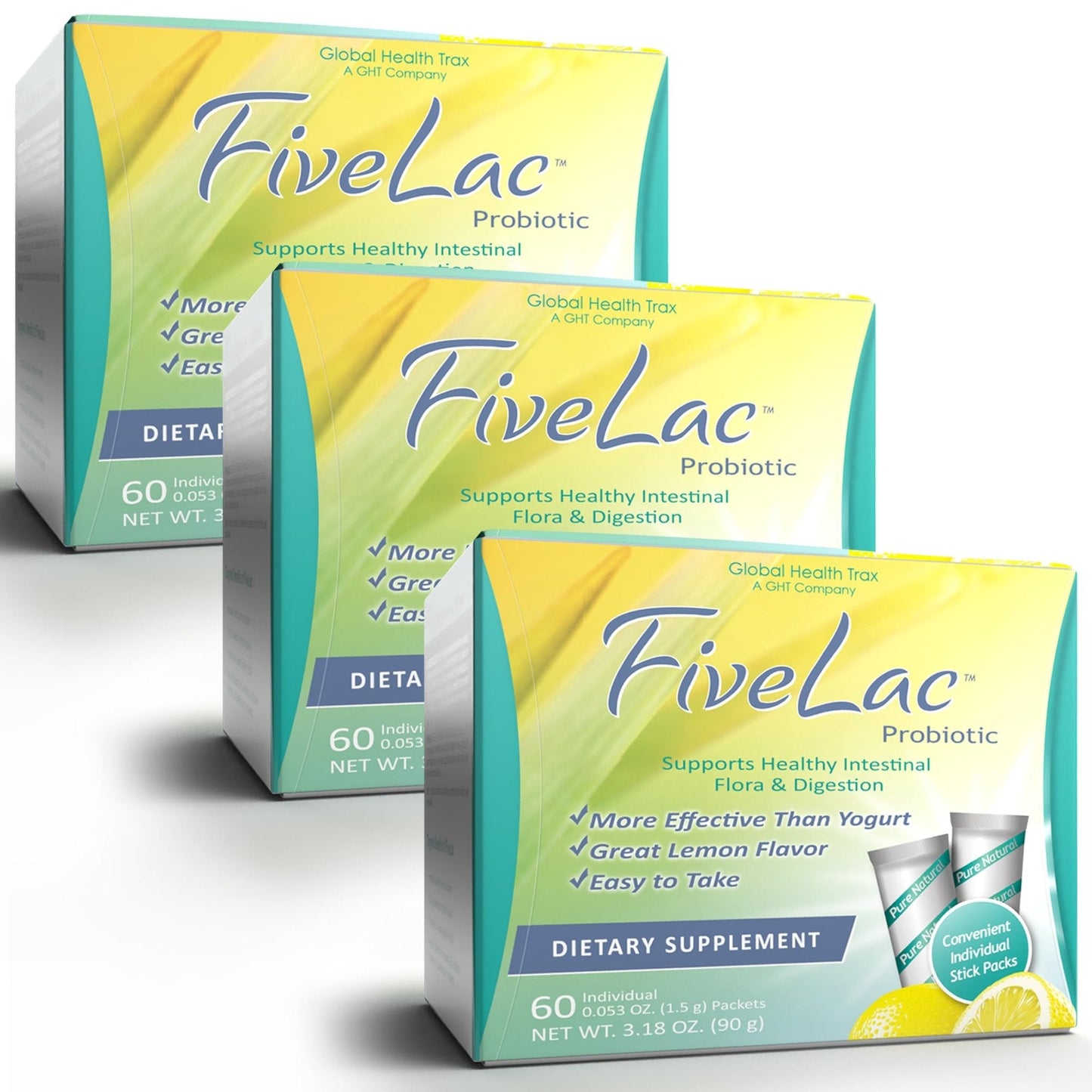 GHT - FiveLac Lemon Probiotic Powder Drink Mix, Probiotics for Women, Men, and Kids - Smooth Digestive Support and Elimination - Relieves Occasional Constipation and Gas - 60 Packets (3 Pack) Non-GMO - Maple Wellness Supplements