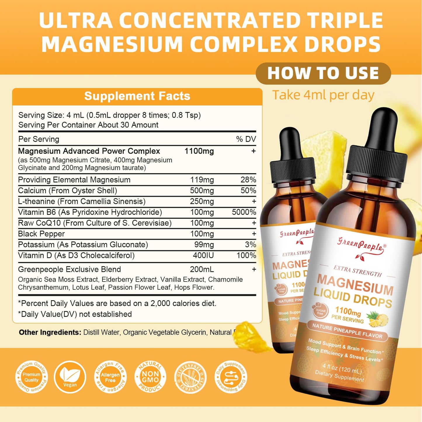 GREENPEOPLE 17-in-1 Triple Magnesium Complex Supplement,Magnesio Liquid Drops with Magnesium Glycinate & Citrate,Pineapple Flavor,Calm Mood,Muscle & Sleep for Adults,4 fl. oz 2Pack - Maple Wellness Supplements