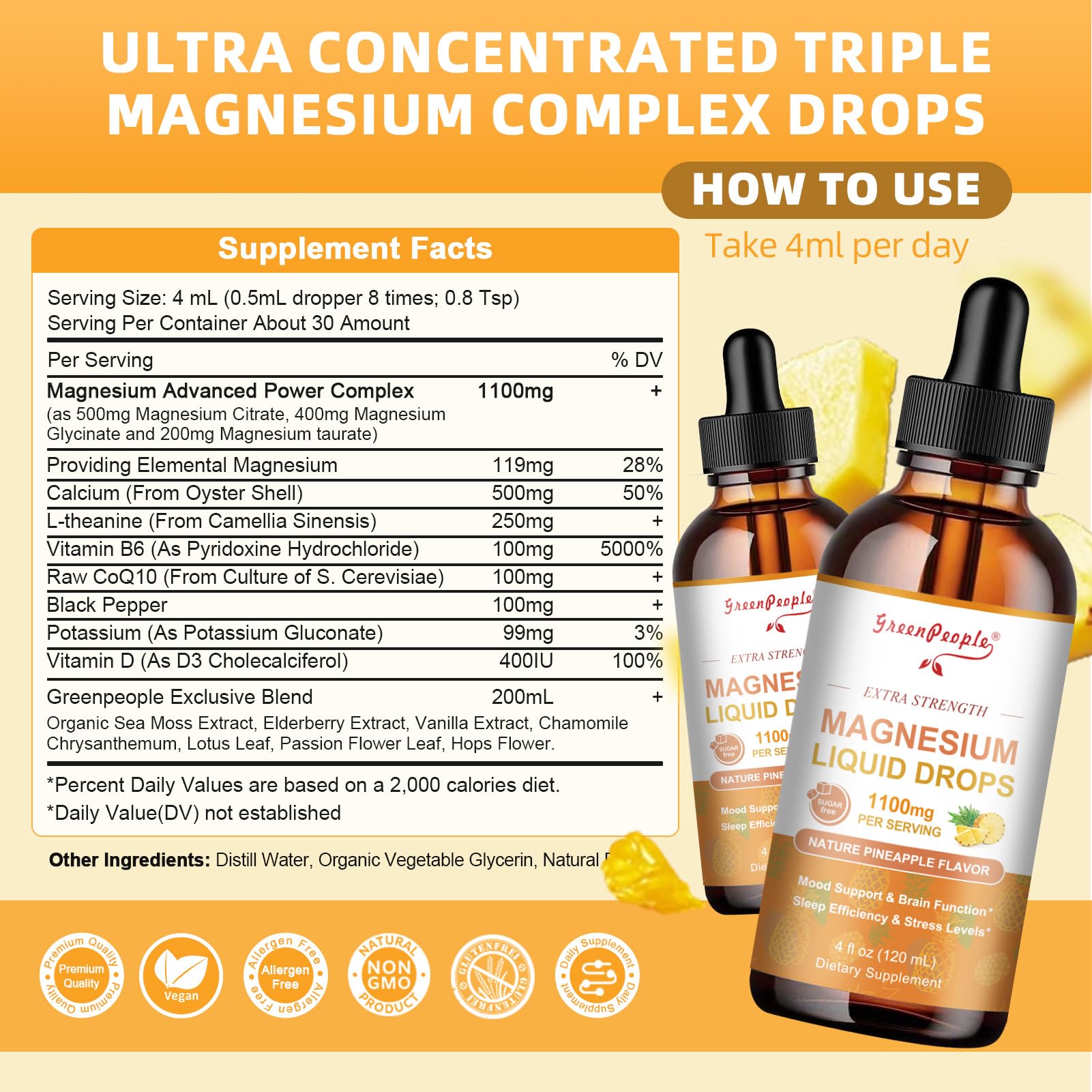 GREENPEOPLE 17-in-1 Triple Magnesium Complex Supplement,Magnesio Liquid Drops with Magnesium Glycinate & Citrate,Pineapple Flavor,Calm Mood,Muscle & Sleep for Adults,4 fl. oz 2Pack - Maple Wellness Supplements