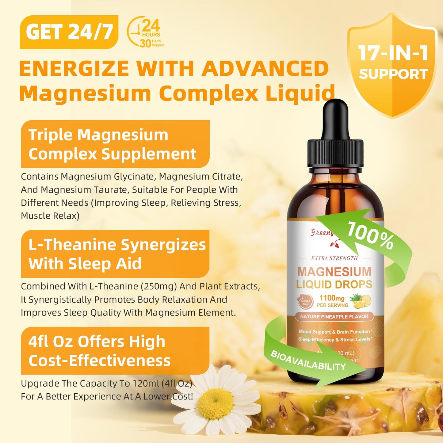 GREENPEOPLE 17-in-1 Triple Magnesium Complex Supplement,Magnesio Liquid Drops with Magnesium Glycinate & Citrate,Pineapple Flavor,Calm Mood,Muscle & Sleep for Adults,4 fl. oz 2Pack - Maple Wellness Supplements
