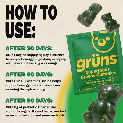 Gruns Sugar-Free Super Greens Gummies, Multivitamin Superfood Gummy Bears, Spirulina, Chlorella, Prebiotics & Fiber gummies for Digestive Health, Adaptogens Supplement, 20 Vitamins & Minerals, 10 pack - Maple Wellness Supplements