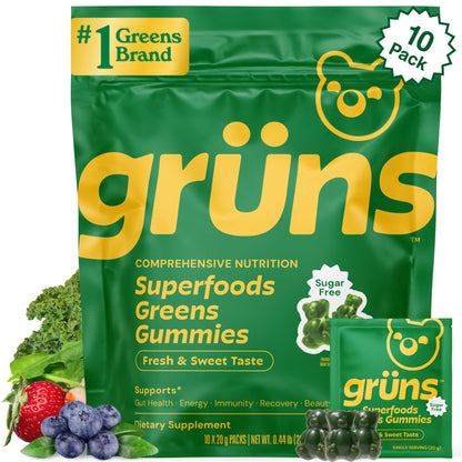 Gruns Sugar-Free Super Greens Gummies, Multivitamin Superfood Gummy Bears, Spirulina, Chlorella, Prebiotics & Fiber gummies for Digestive Health, Adaptogens Supplement, 20 Vitamins & Minerals, 10 pack - Maple Wellness Supplements