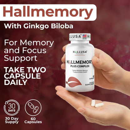 Hallusa Natural Brain Health Supplement Capsules 1680mg, Ginkgo Biloba, B Vitamins & Choline, Memory & Focus Support, Brain Booster for Men & Women, 60 Count - Maple Wellness Supplements