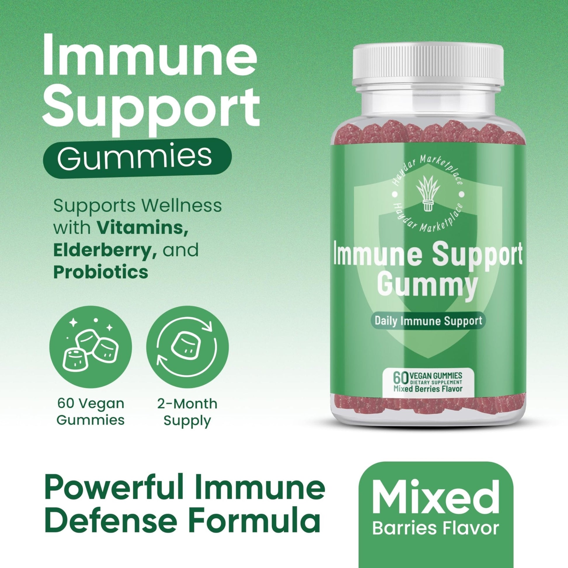 Haydar Marketplace Immune Boosters for Adults - Vegan Immune Support Gummies with Vitamins C & D, Zinc, Magnesium, Probiotics - Maple Wellness Supplements