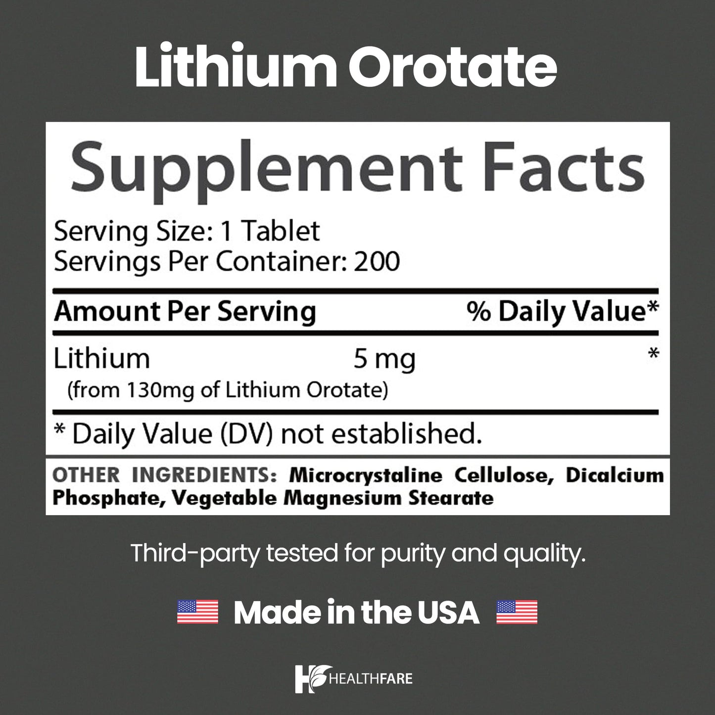 HealthFare Lithium Orotate Supplement 130mg | 200 Vegetarian Tablets | High Bioavailability Trace Mineral | Mood, Brain & Memory Support - Maple Wellness Supplements