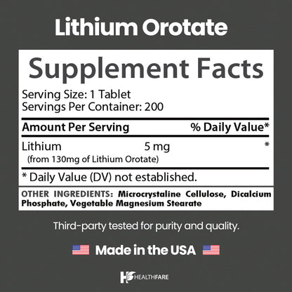 HealthFare Lithium Orotate Supplement 130mg | 200 Vegetarian Tablets | High Bioavailability Trace Mineral | Mood, Brain & Memory Support - Maple Wellness Supplements