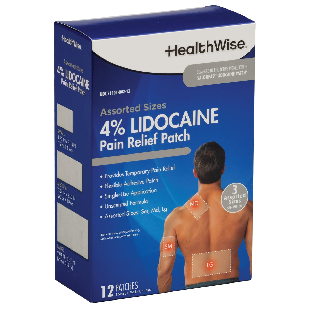 HealthWise Lidocaine Pain Patch | 4% OTC Lidocaine | 12-Count Assorted Sizes | Paraben-Free Formula | Temporarily Soothes Minor Aches and Pains | Unscented | Flexible Application - Maple Wellness Supplements