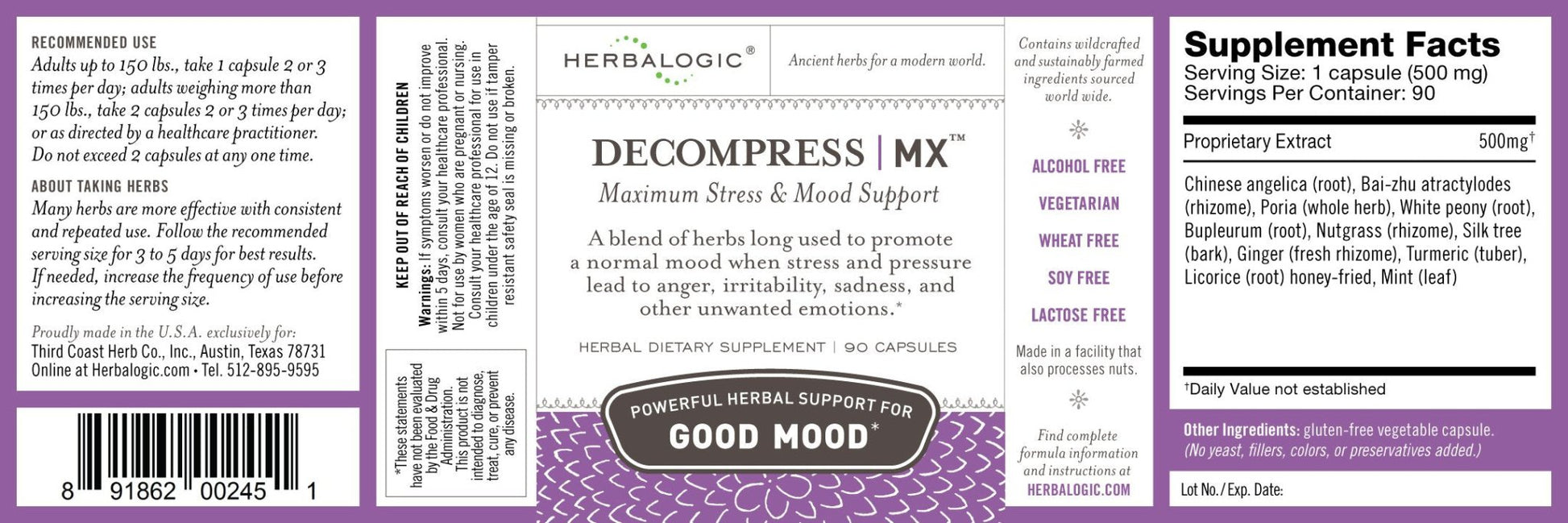 Herbalogic - Decompress MX Herb Capsules - Maximum Stress & Tension Relief - Reduces Anger & Moodiness, Positive Mood Support - Based on the Traditional Chinese Formula Xiao Yao San - 90 Cap Count - Maple Wellness Supplements