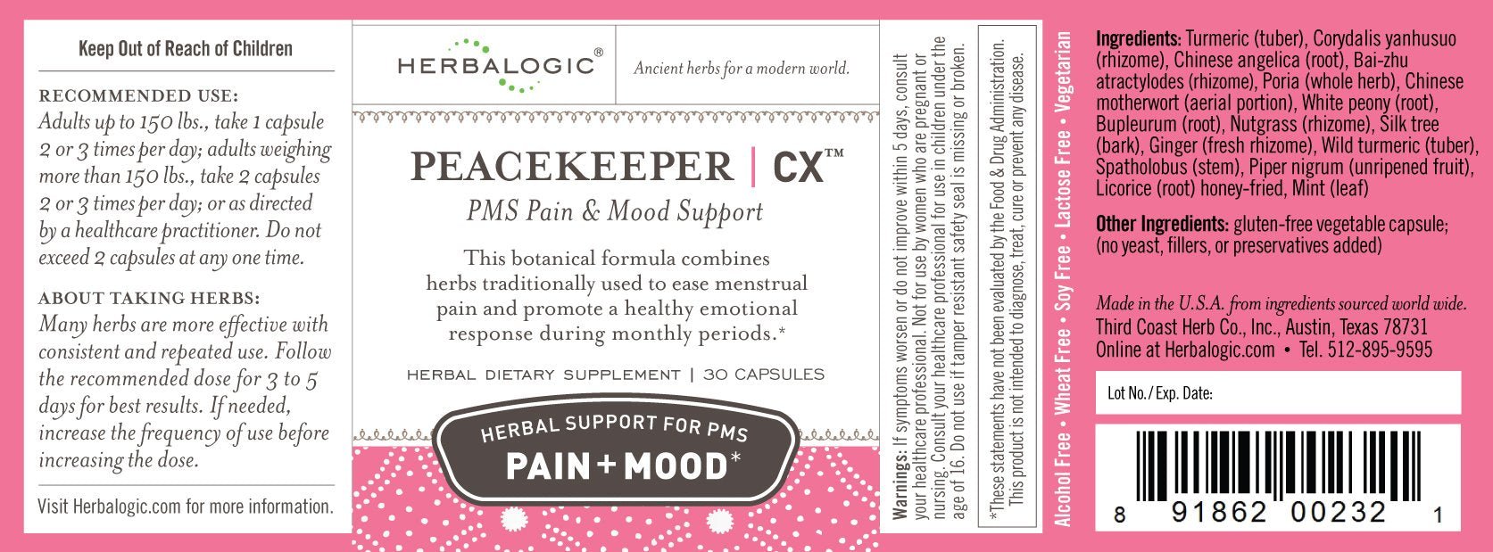 Herbalogic - Peacekeeper CX Herb Capsules - Reduces PMS Related Mood Swings - Reduces Cramps & Pain Associated with Monthly Periods - Contains Turmeric & Corydalis - 30 Cap Count - Maple Wellness Supplements