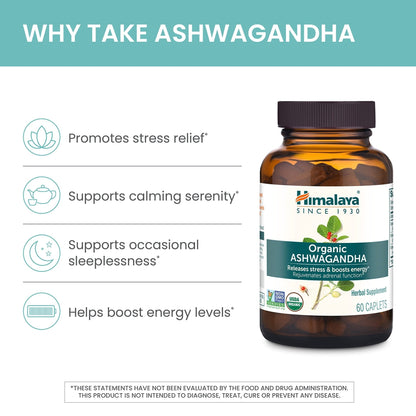 Himalaya Organic Ashwagandha Root, 120 Day Supply - Herbal Adrenal Support Supplements for Stress Relief and Energy Support - USDA Organic, Non-GMO, Vegan, Gluten Free, 60 Caplets, 2 Pack - Maple Wellness Supplements