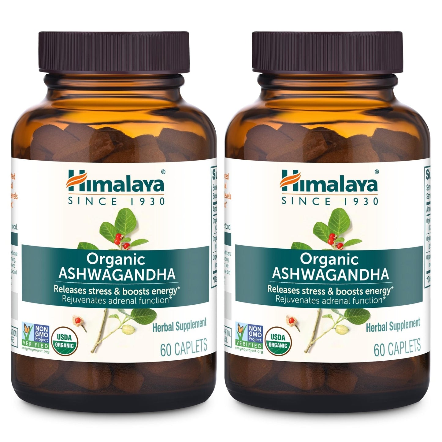Himalaya Organic Ashwagandha Root, 120 Day Supply - Herbal Adrenal Support Supplements for Stress Relief and Energy Support - USDA Organic, Non-GMO, Vegan, Gluten Free, 60 Caplets, 2 Pack - Maple Wellness Supplements