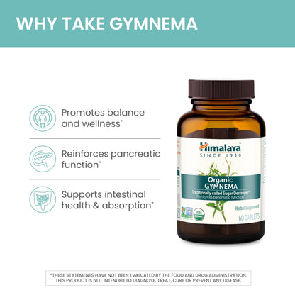 Himalaya Organic Gymnema Sylvestre – Herbal Glucose Metabolism Support - USDA Organic, Non-GMO, Vegan, Gluten Free, Additive Free, 700 mg, 60 Caplets - Maple Wellness Supplements