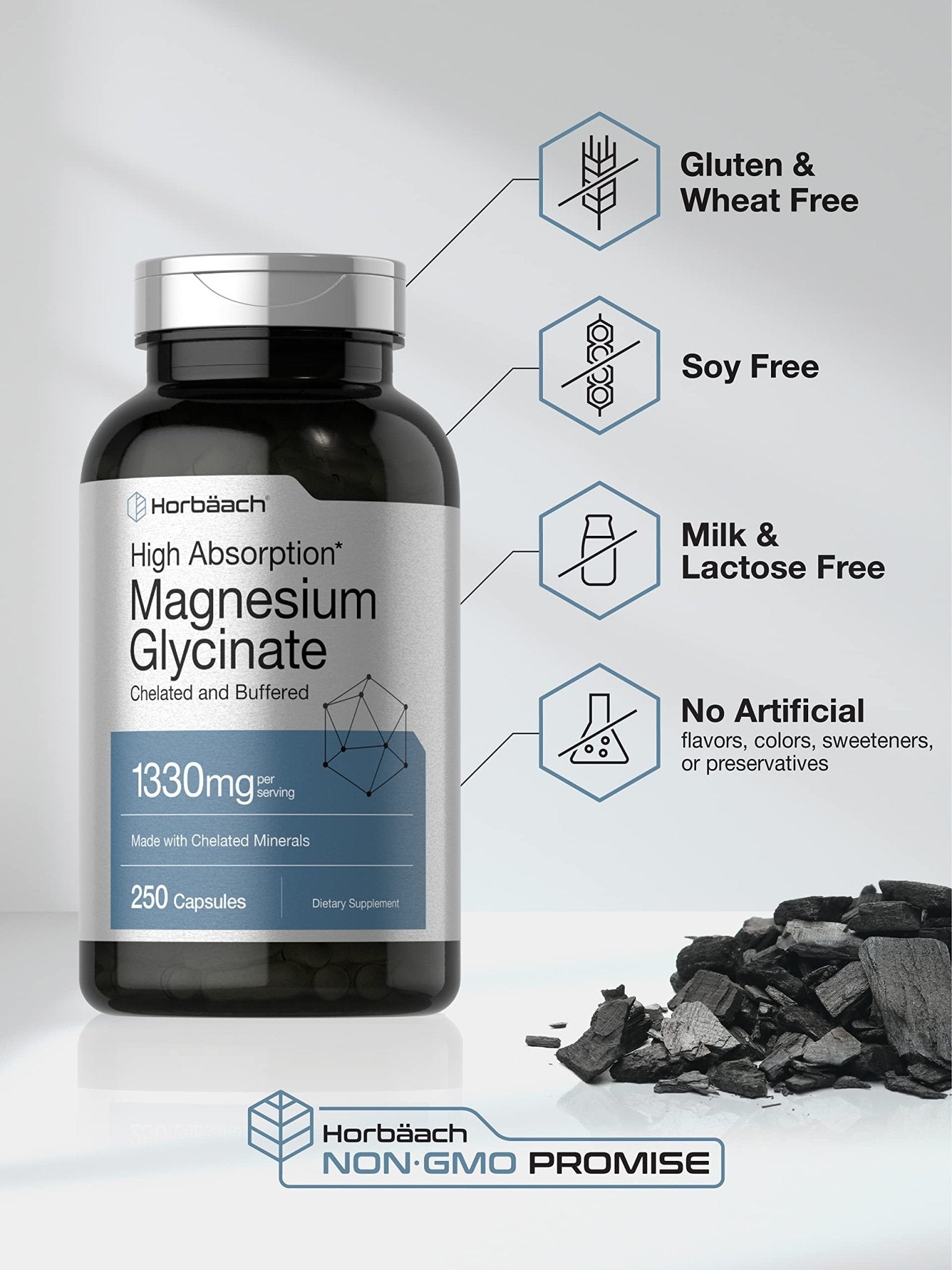 Horbaach Magnesium Glycinate 1330mg | 250 Capsules | Buffered with Chelated Minerals | 240 mg per Serving | Non-GMO, Gluten Free Supplement - Maple Wellness Supplements