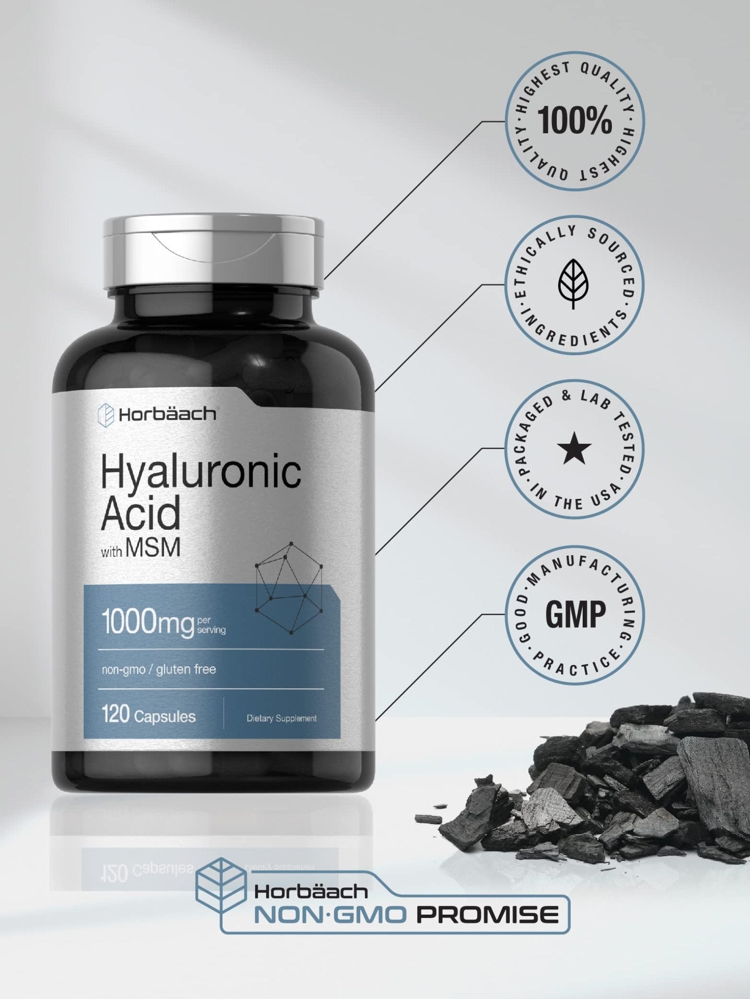 Horbäach Hyaluronic Acid with MSM | 1000 mg | 120 Capsules | Non-GMO and Gluten Free Supplement | Bioavailable Formula - Maple Wellness Supplements