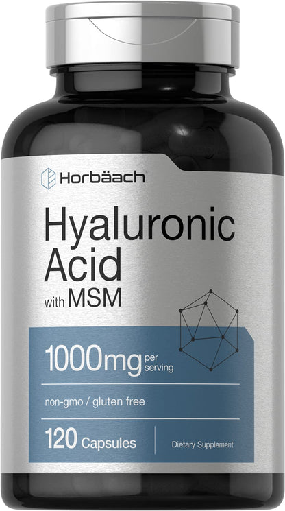 Horbäach Hyaluronic Acid with MSM | 1000 mg | 120 Capsules | Non-GMO and Gluten Free Supplement | Bioavailable Formula - Maple Wellness Supplements