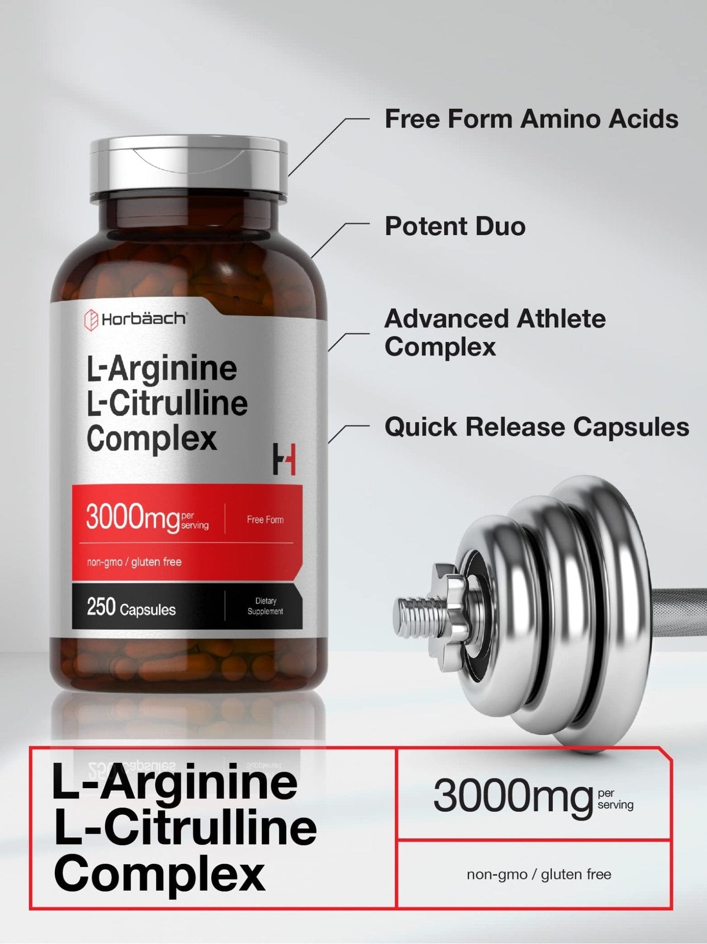 Horbäach L-Arginine L-Citrulline Complex | 3000mg | 250 Capsules | Non-GMO, Gluten Free Supplement - Maple Wellness Supplements