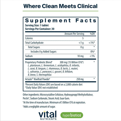Hyperbiotics Vital Nutrients Pro-15 Advanced Probiotics for Women and Men | 15 Strains + Kiwifruit | Clinically Studied Daily Probiotics for Digestive Health, Gas, & Bloating | 30 Vegan Tablets - Maple Wellness Supplements