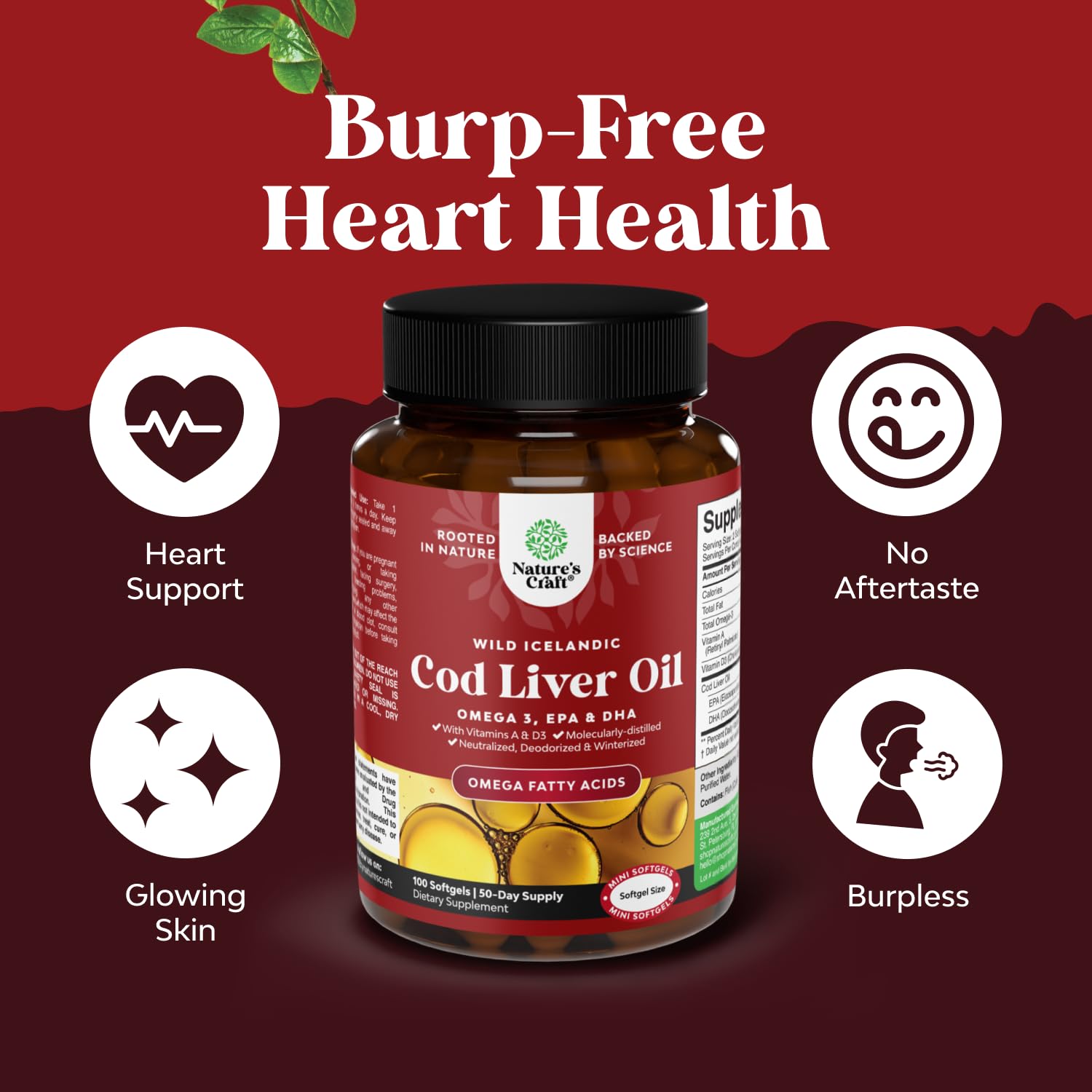 Icelandic Wild Caught Cod Liver Oil Softgels - Fish Omega 3, EPA, DHA, Vitamin D & A, 1000mg Per Serving - Burpless Capsules for Heart - Maple Wellness Supplements