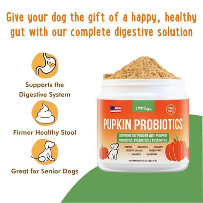 iHeartDogs Pupkin Probiotics, Prebiotics, Postbiotics, & Fiber for Dogs with Pumpkin, Gut Soothing Bone Broth & Mushrooms - Maple Wellness Supplements