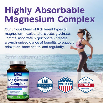 Innate Vitality Magnesium Complex 6-in-1, 1160mg Per Serving, Rest & Digestion, Magnesium Glycinate & Citrate, High Absorption, 120 Vegan Capsules - Maple Wellness Supplements
