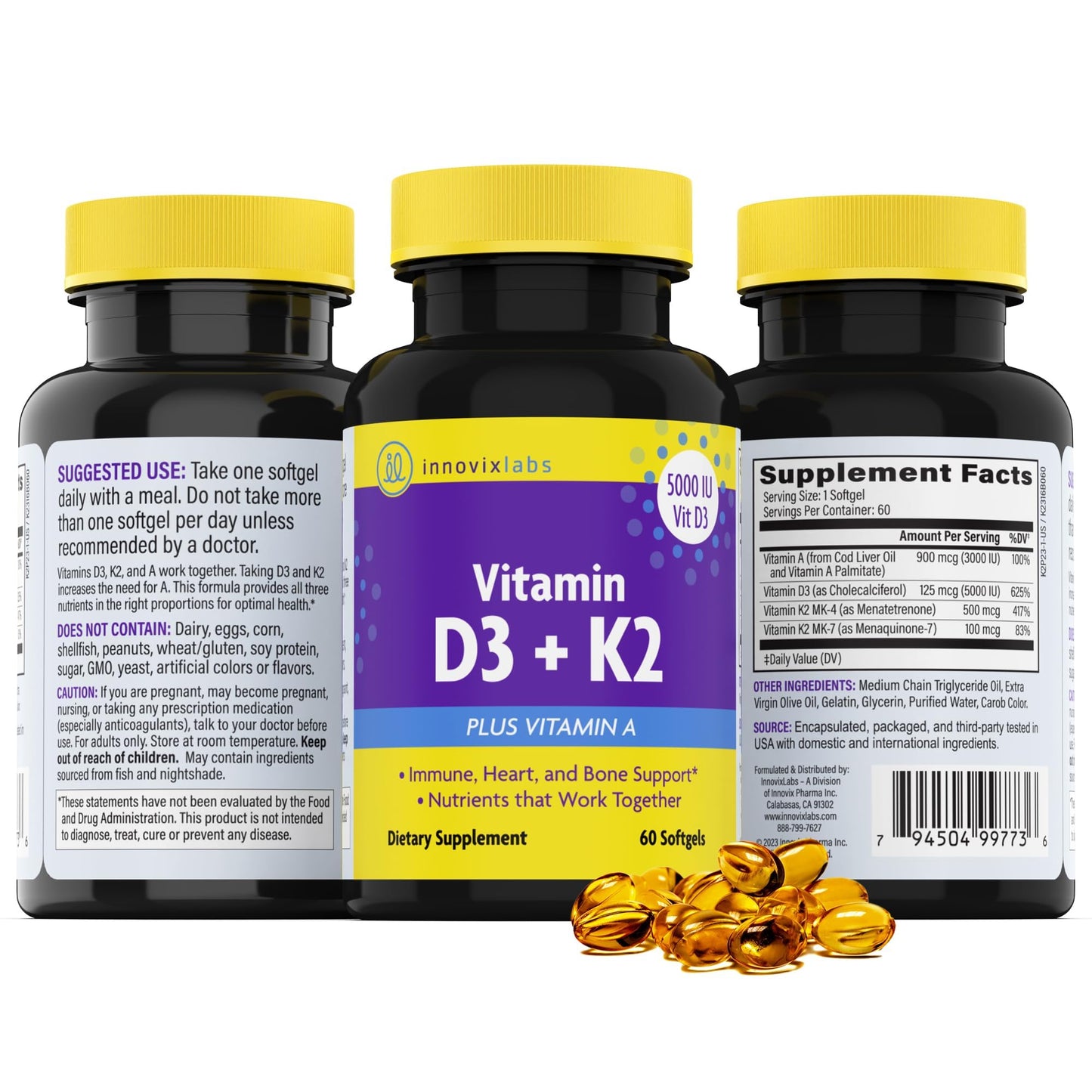 InnovixLabs Vitamin D3 K2-5000 IU Vitamin D3 Plus 600 mcg Vitamin K2 MK4 and MK7 for Max Calcium Absorption, Supports Bone, Immune, Heart Health - Maple Wellness Supplements