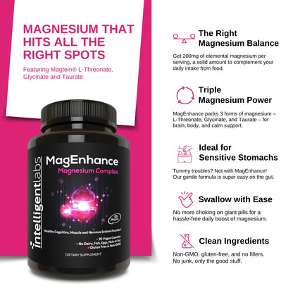 Intelligent Labs MagEnhance Magtein Magnesium Complex Supplement L-Threonate with Magnesium Glycinate and Taurate, 90 Capsules - Maple Wellness Supplements