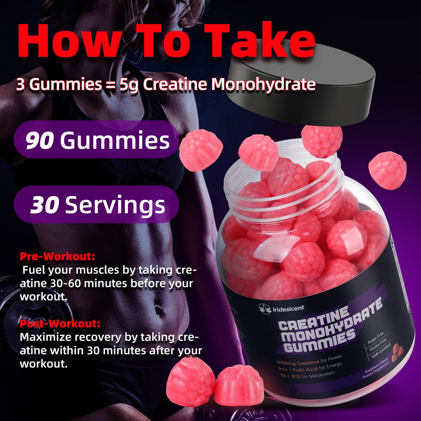 IRIDESICENT Creatine Monohydrate Gummies 5000mg w/Iron, Vitamin B6 & B12, Sugar Free 5g Creatine Supplements for Women and Men Boost Energy & Muscle Recovery - 90 Raspberry Gummies - Maple Wellness Supplements