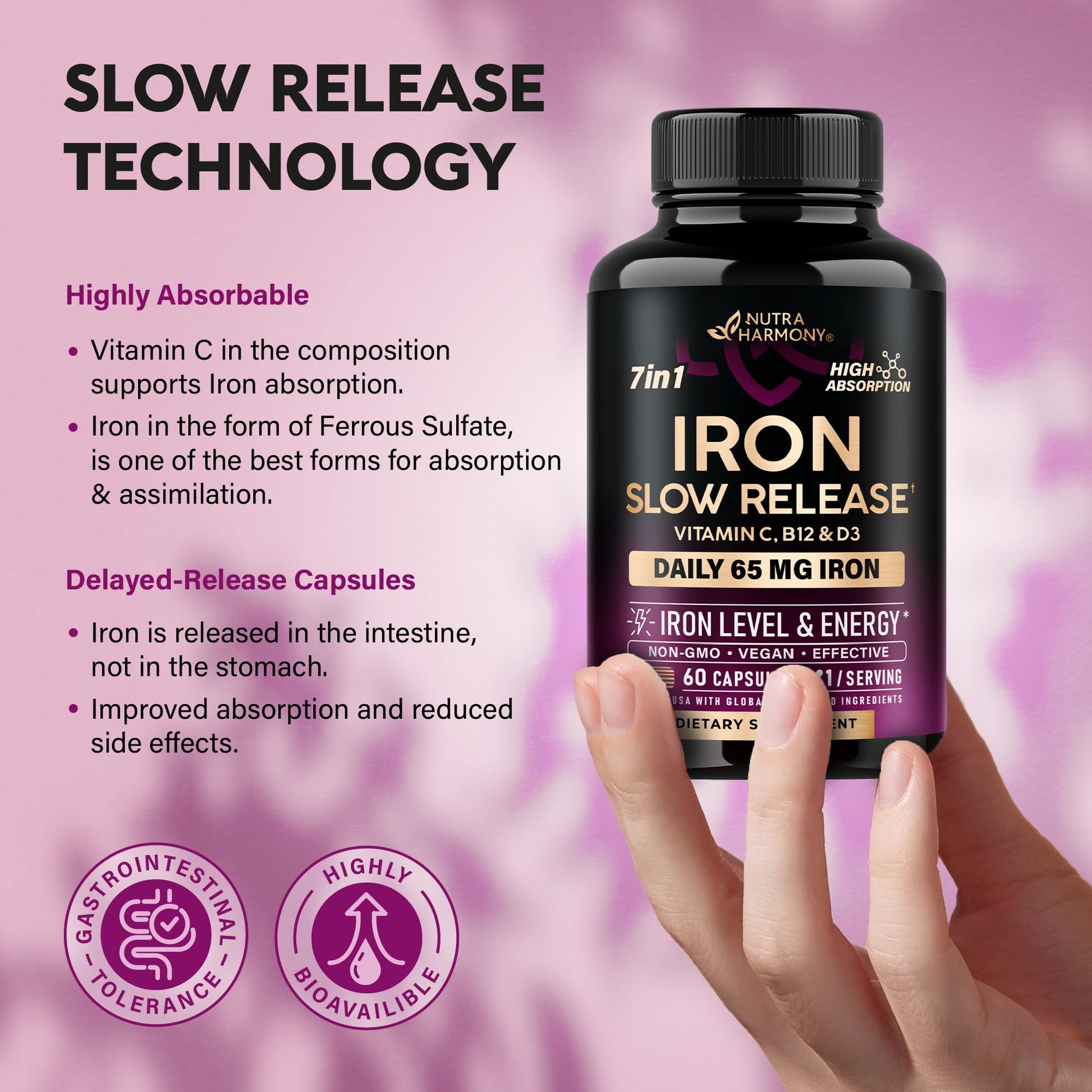 Iron Supplement for Women - Iron 65mg (Ferrous Sulfate 325mg) - Stomach Friendly | Slow Release Iron | High Absorption - Vitamins C, D3, B6, B12 & Folate - Maple Wellness Supplements