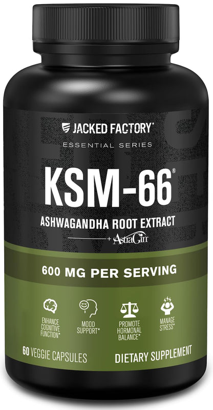 Jacked Factory Ashwagandha Root Extract (KSM-66 Ashwagandha) w/ 5% Withanolides - Supplement for Natural Stress Relief, Cognitive Function, Vitality, and Mood Support - 60 Veggie Capsules - Maple Wellness Supplements
