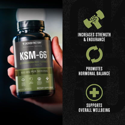 Jacked Factory Ashwagandha Root Extract (KSM-66 Ashwagandha) w/ 5% Withanolides - Supplement for Natural Stress Relief, Cognitive Function, Vitality, and Mood Support - 60 Veggie Capsules - Maple Wellness Supplements