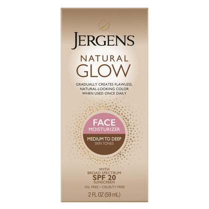 Jergens Natural Glow Self Tanner Face Moisturizer with SPF 20 Facial Sunscreen, Medium to Deep Skin Tone, Sunless Tanning, Oil Free - Maple Wellness Supplements