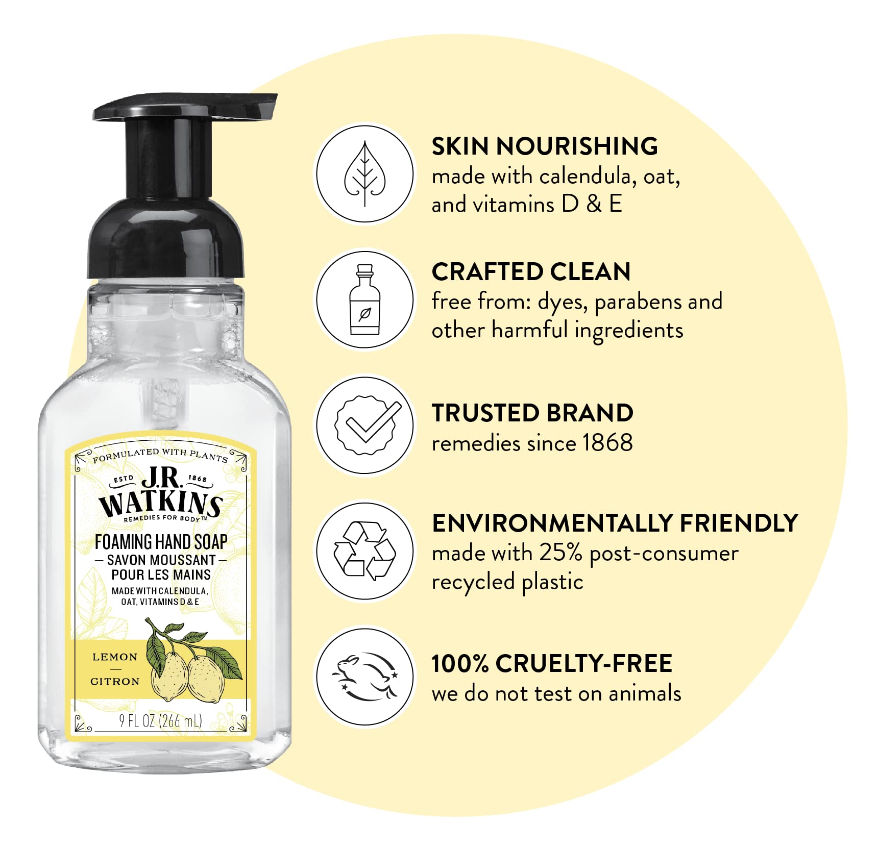 J.R. Watkins Foaming Hand Soap with Pump Dispenser, Moisturizing Foam Hand Wash, Alcohol-Free, Cruelty-Free, Citron, 9 fl oz, 3 Pack - Maple Wellness Supplements