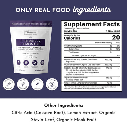 JUST INGREDIENTS Elderberry Lemonade 3-in-1 Probiotic Complex - Prebiotics, Probiotics & Postbiotics - 30 Sticks - Maple Wellness Supplements