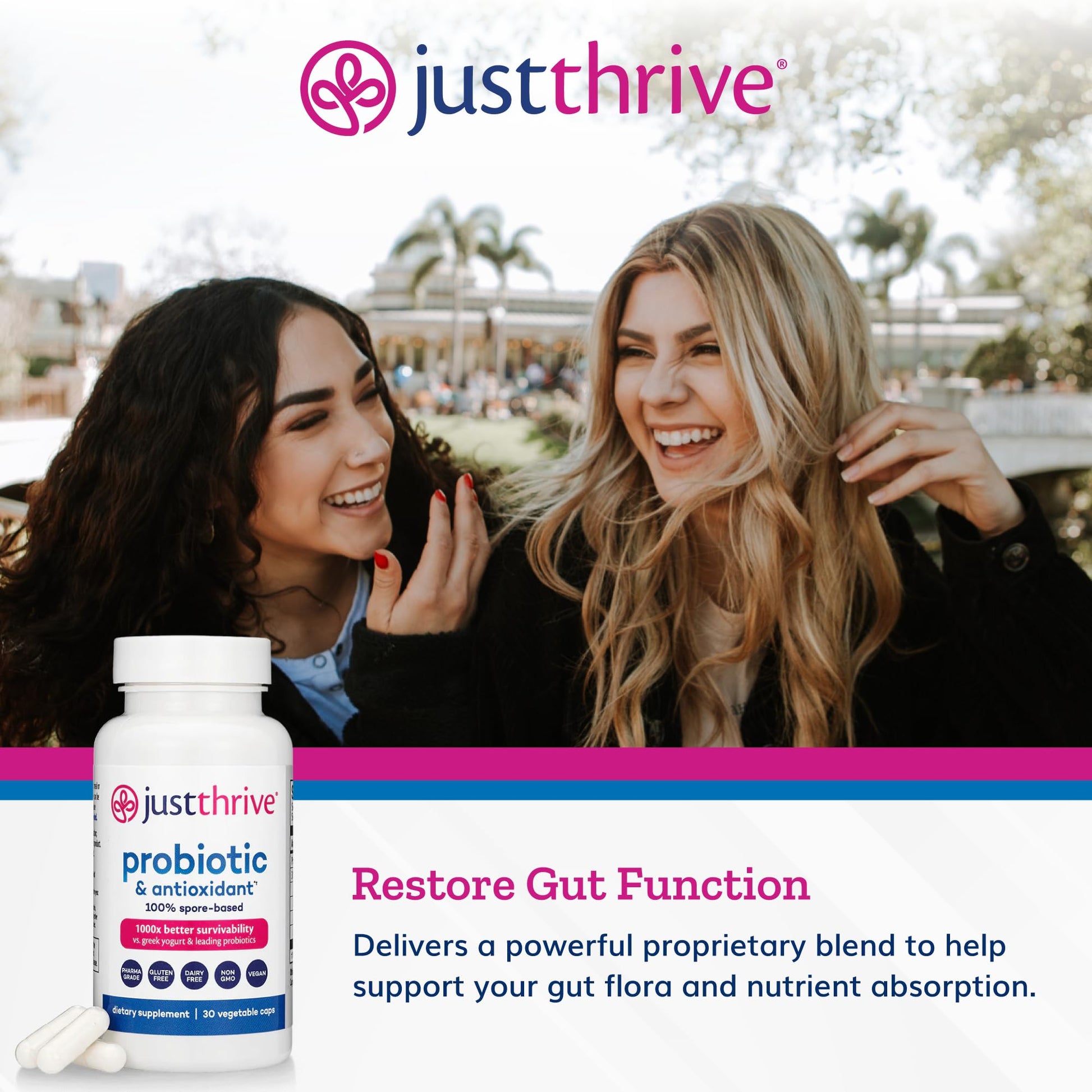 Just Thrive Probiotic & Antioxidant Supplement - 100% Spore-Based Digestive and Immune Support - Gluten Free, 30 Caps - Maple Wellness Supplements