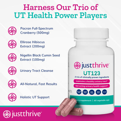 Just Thrive UT123 - Supports Urinary Tract Health for Women - Made with Cranberry, 60 Capsules - Maple Wellness Supplements
