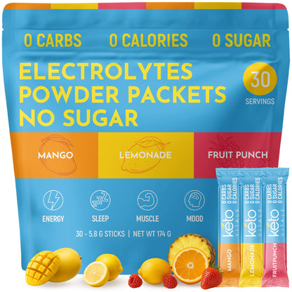 Keto Vitals Original Electrolytes Powder Packets | Keto Friendly Electrolyte Hydration Packs | Sugar Free Electrolytes | Energy Drink Mix | Zero Calorie Zero Carb (Original Assorted, 30 Count) - Maple Wellness Supplements