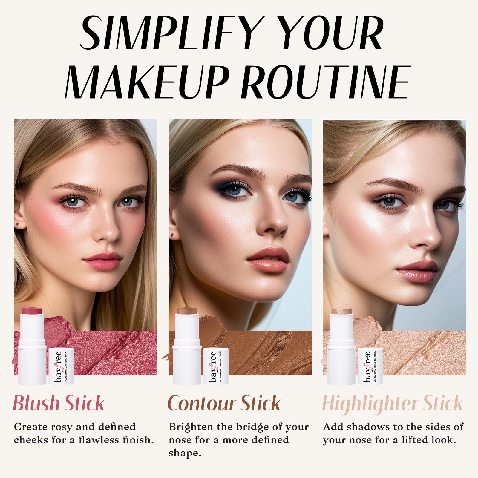 KIMUSE Face Sticks Trio, Cream Blush Stick & Highlighter Stick & Contour Stick for Sculpt the Cheeks, Long Lasting Cream Contour Stick Trio for Face Makeup, with Brush - Maple Wellness Supplements