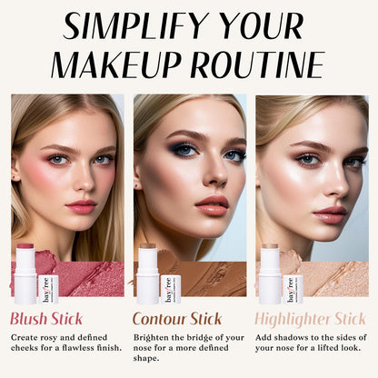 KIMUSE Face Sticks Trio, Cream Blush Stick & Highlighter Stick & Contour Stick for Sculpt the Cheeks, Long Lasting Cream Contour Stick Trio for Face Makeup, with Brush - Maple Wellness Supplements