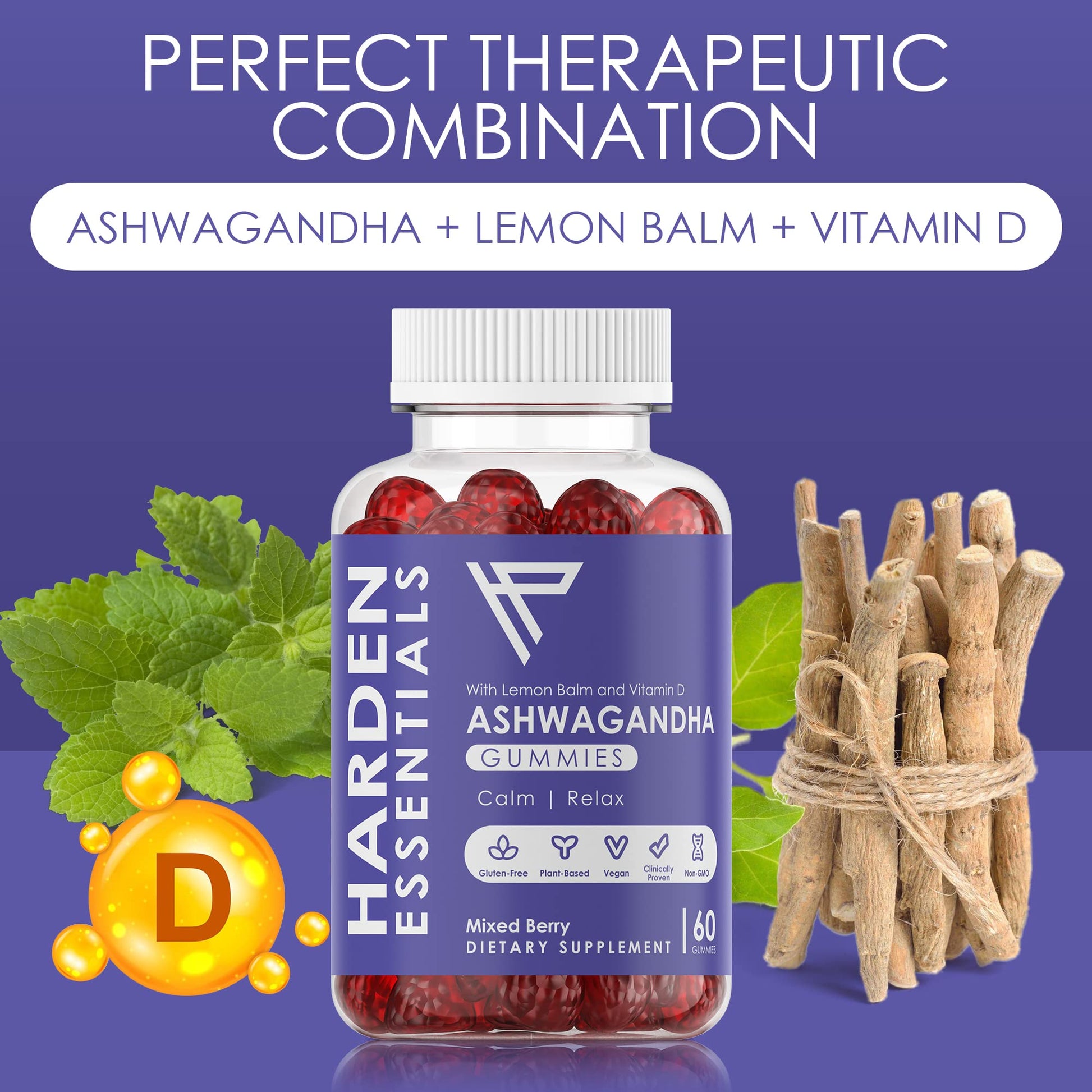 KSM-66 Ashwagandha Gummies 750mg Per Gummy – 1,500mg Per Serving – Stress & Cortisol Support – with Lemon Balm & Vitamin D – 60 Count (30 Day Supply) – Vegan – Harden Essentials - Maple Wellness Supplements