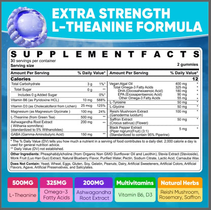 L Theanine Calm Gummies 500mg, Sugar-Free Liposomal L-Theanine Supplement, w/Safforn, Magnesium Glycinate, GABA, Ashwagandha, Algae Omega-3, Vitamin D3 B12 - Maple Wellness Supplements