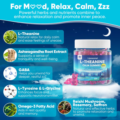 L Theanine Calm Gummies 500mg, Sugar-Free Liposomal L-Theanine Supplement, w/Safforn, Magnesium Glycinate, GABA, Ashwagandha, Algae Omega-3, Vitamin D3 B12 - Maple Wellness Supplements