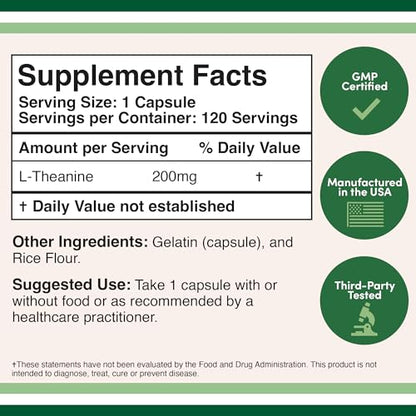 L-Theanine Supplement 200mg, 120 Capsules (Soy Free, Gluten Free, Non-GMO - Maple Wellness Supplements