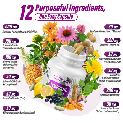 Lazpowfi Lymphatic Drainage Supplements, 1540mg Lymph System Support Supplement for Women & Men with Dandelion, Burdock, Echinacea,Rutin, Turmeric,Cleavers & More, 60 Capsules - Maple Wellness Supplements